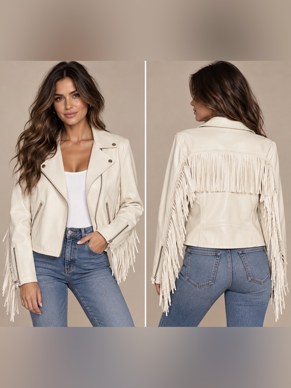 VIGOSS White Faux Leather Fringe Moto Jacket Western Boho Size S NWOT
